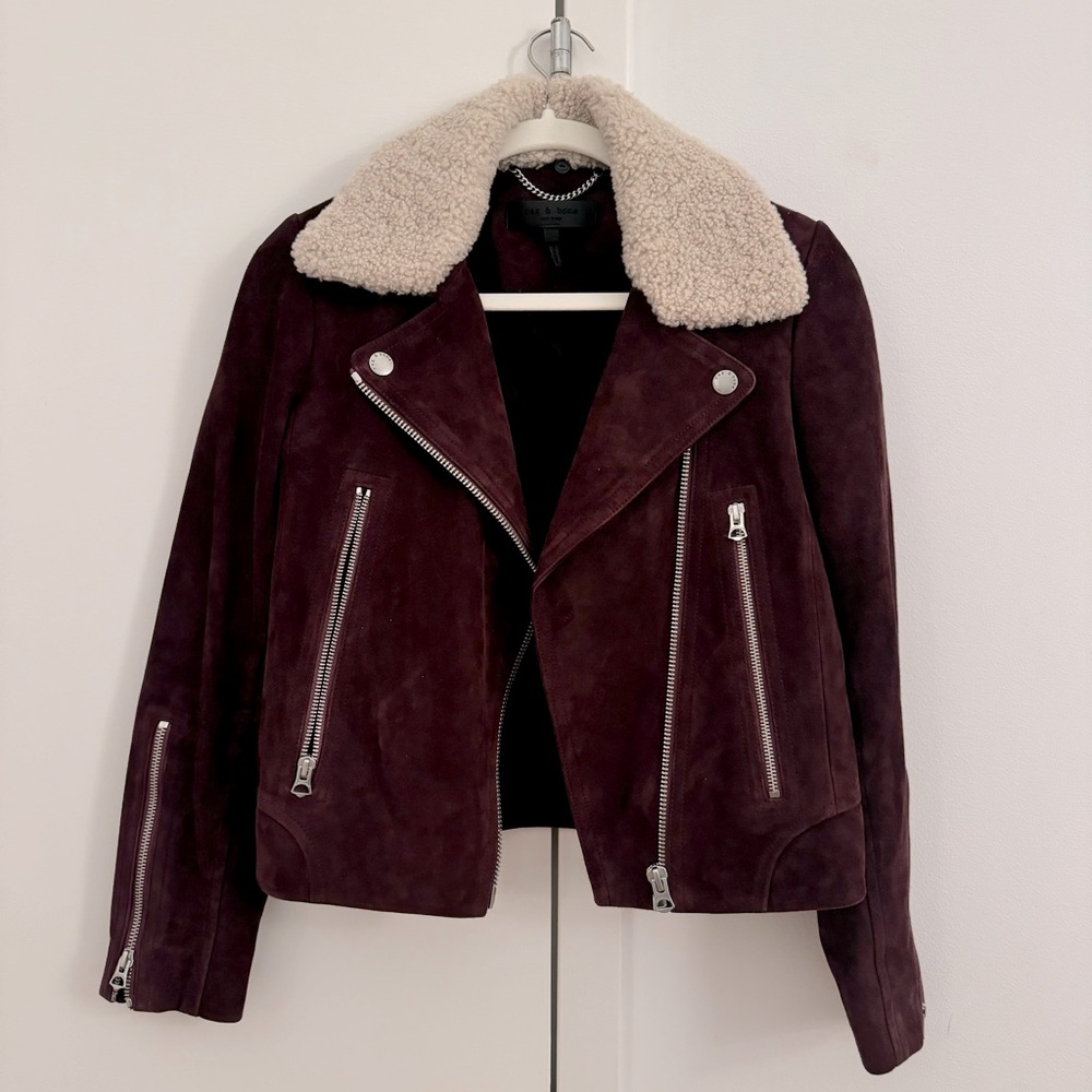 Rag & Bone Mack suede moto jacket in burgundy with removable shearling collar